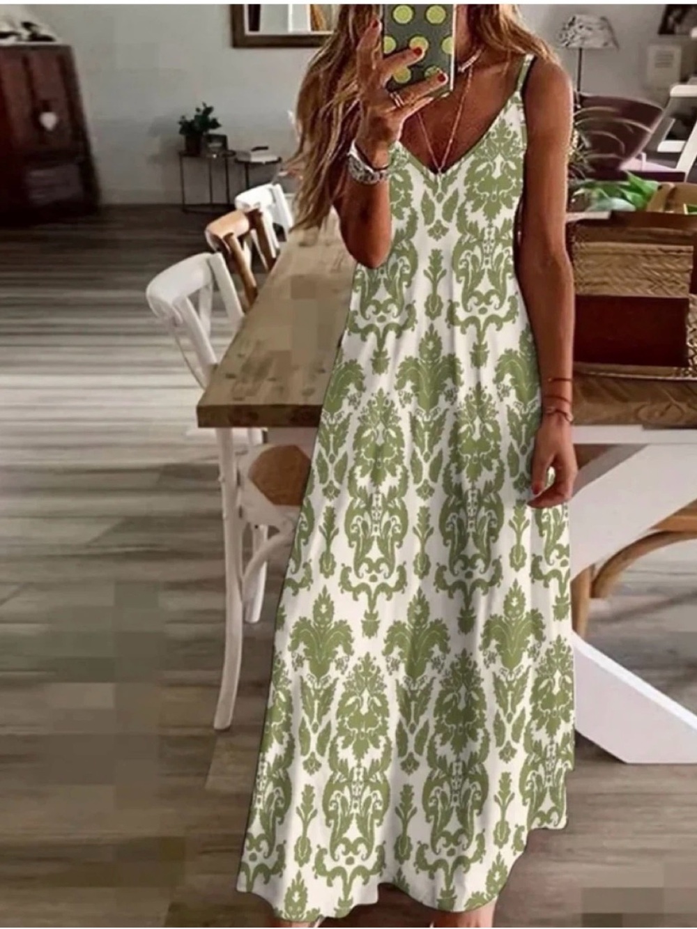 Sleeveless Green Damask Maxi Dress